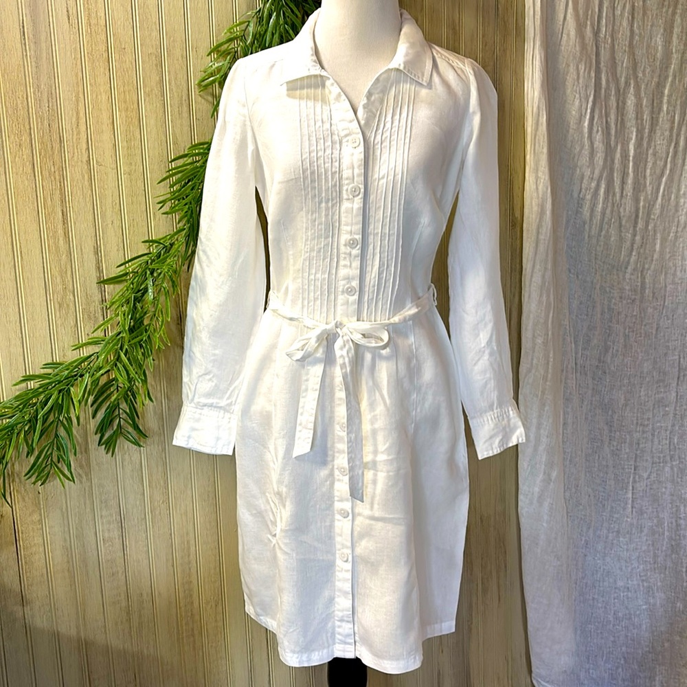 Boden Coastal White 100% Linen V-neck Button Up Dress, US 4, EUC, Long S…